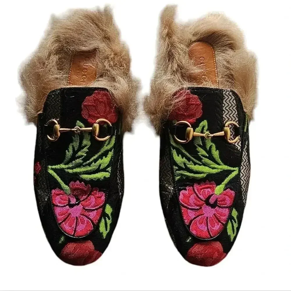 GUCCI Black Floral Brocade Jacquard FUR Princetown Slippers‎ Loafers Size 5.5 - Picture 12 of 13